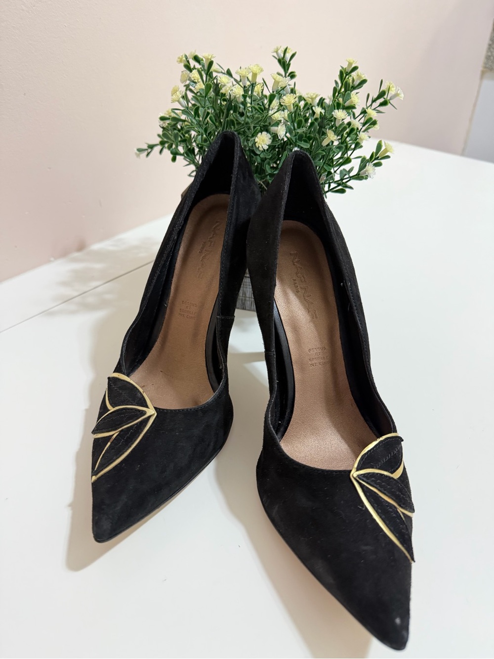 Black Suede Pointed Toe Pumps with Gold Trim - Women Shoes